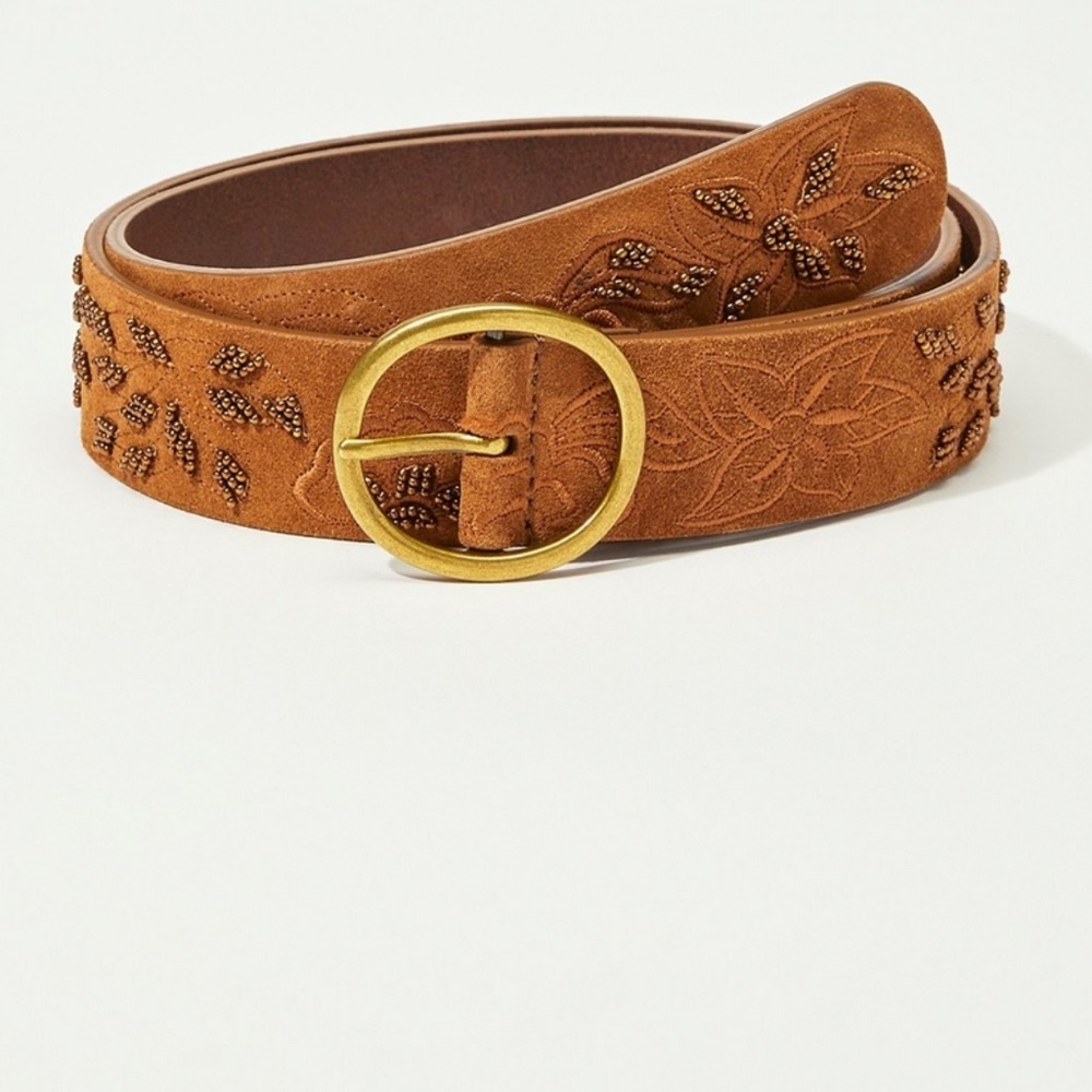 NWT Size Medium Lucky Brand Brown Suede Floral Beaded Belt